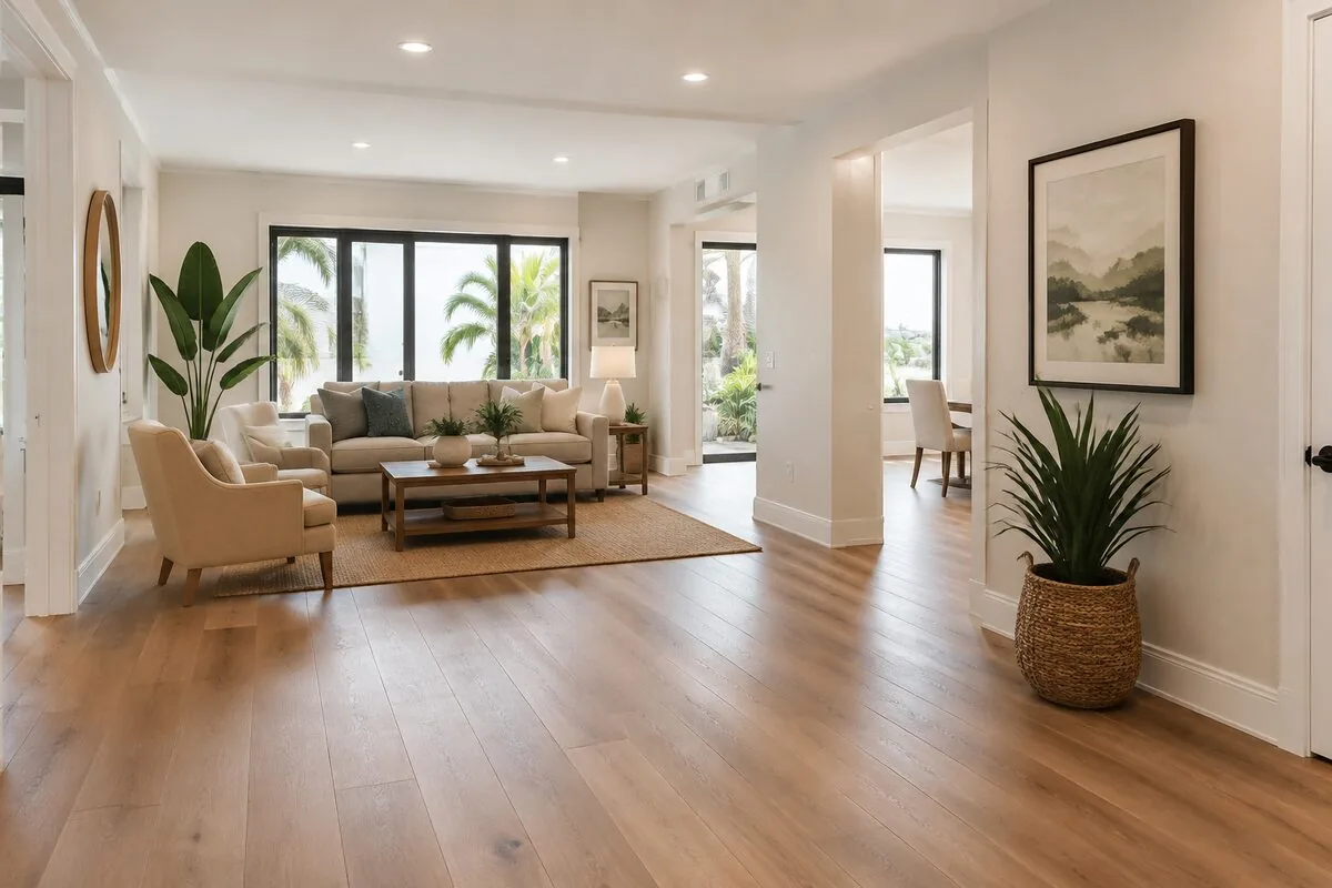 Design inspiration: warm wood-look flooring connecting a bright living and dining space