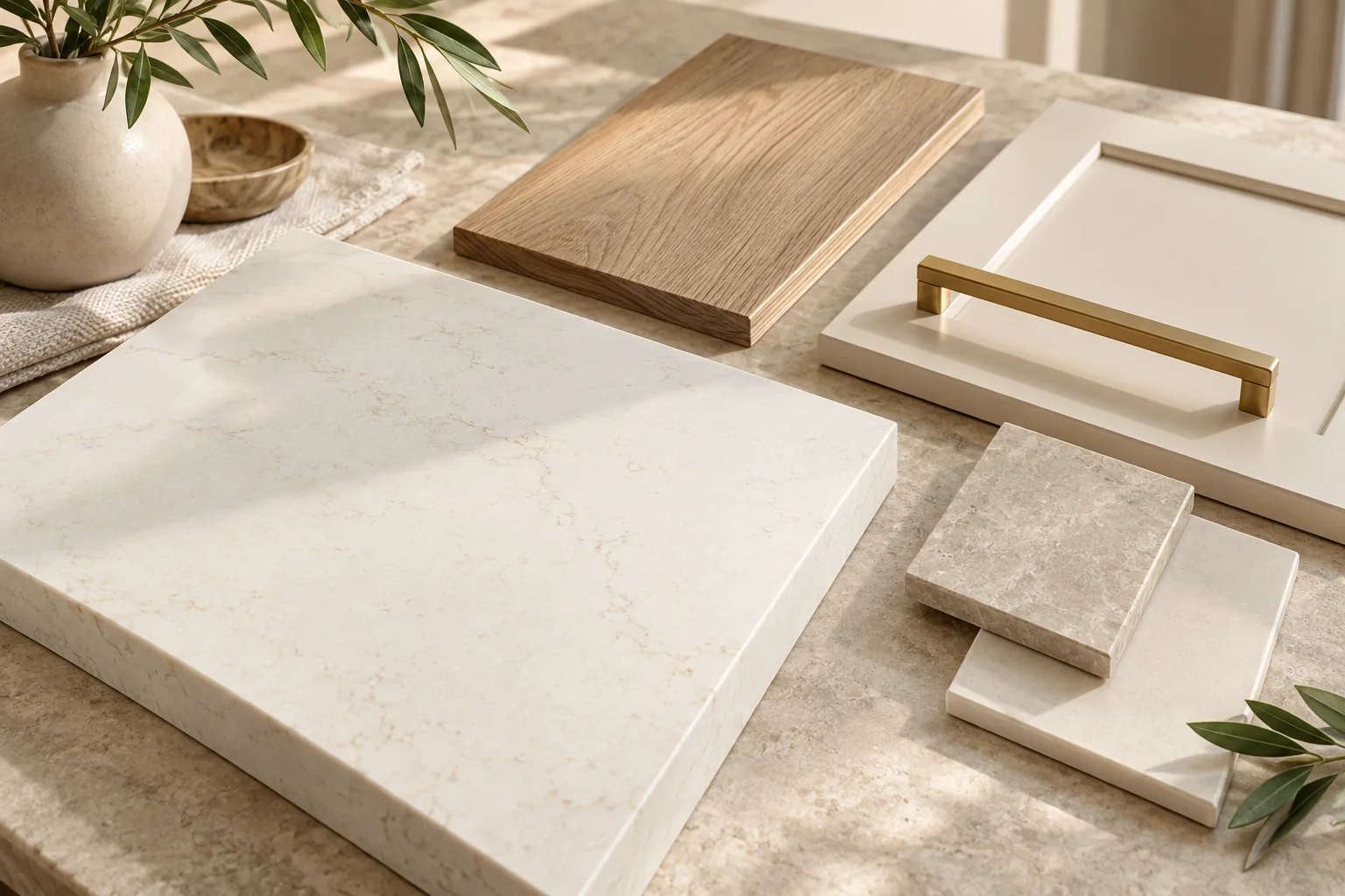 Material inspiration: pale countertop samples with oak, tile and brass hardware