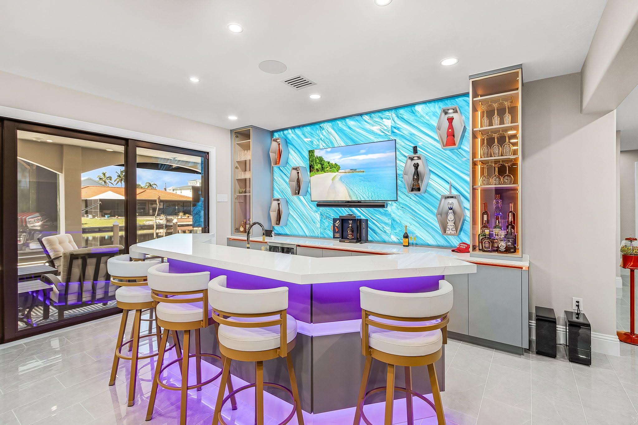 Completed entertainment area with integrated lighting and durable surfaces by Proskillz Remodeling